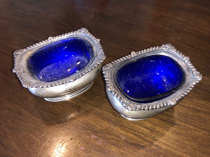 Sterling silver salt cups with cobalt glass liner