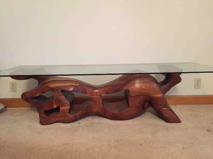 Handcrafted Sculpted Solid Walnut Coffee Table with Glass Top