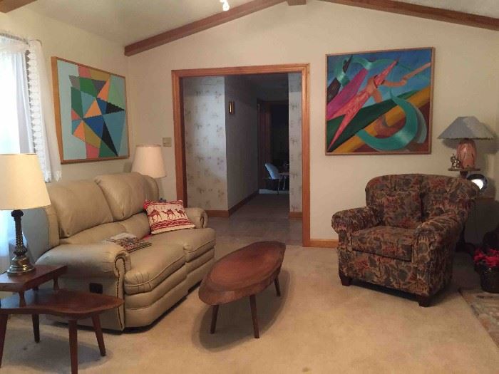 Living Room Furniture: Antique Handcrafted Walnut Slab Coffee Table; Side Chair; LayZ-Boy Leather Reclining Loveseat