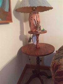 Antique Mid-Century Handcrafted Solid Walnut Pedestal Table; Handcrafted Ceramic Lamp with Paper-Mache' Shade