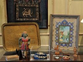 A fine sale including Persian woven saddlebags, hand engraved storyteller tray, Khatam box with micro mosaic inside and out, heavily embellished Lebanese hat, enameled jewelry, fine painting in Khatam frame