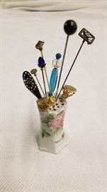 258.1 Hand Painted Hat Pin Holder Made in Japan and 10 Vintage Hat Pins