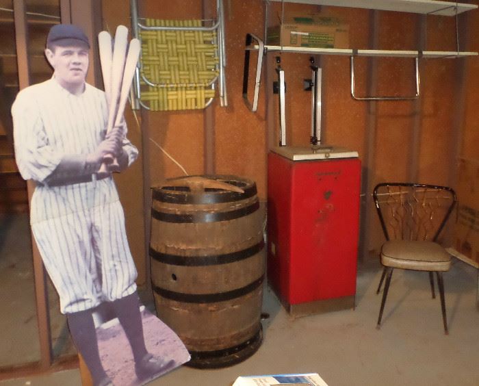 antique Coke Cooler, antique barrel, mid-century kitchen chair - BUT Babe Ruth is still available to go home with you 