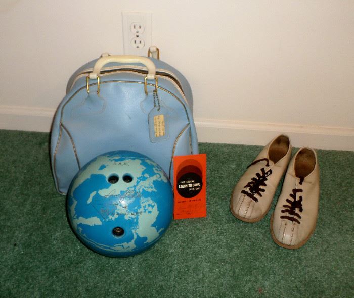 cool vintage bowling ball with vintage ball bag & also some vintage bowling shoes
