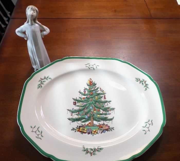Lladro Daisa Girl with Arms Akimbo (incised early mark) and Spode Christmas Tree Platter