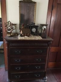 Antique Chest custom made with heavy carvings (possible Davenport)and more clocks  