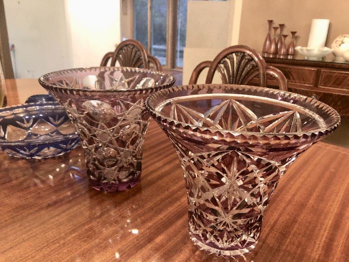 Amethyst cut Bohemian glass vases 
