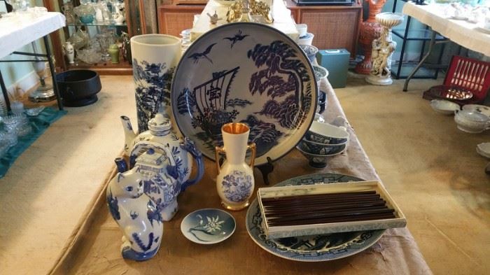 blue and white china pieces. living room