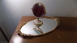 mirror plateau and vintage stand mirror