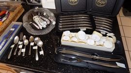 Carving set and steak knife sets...silverplate flatware pieces