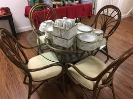 Alexvalle Rattan Glass Topped Table with Matching Hutch! Noritake Polonaise, Gold Rimmed China - 92 Piece Set