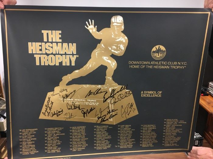 Autographed&nbsp;Footballs & Posters by Heisman Trophy Winners featuring Jay Berwanger (1935), Larry Kelley (1936), Angelo Bertelli (1943), Lesw Horvath (1944), Glenn Dabis (1946), Vix Janowicz (1950), Johhny Lattner (1953), John David Crow(1957), Joe Bellino (1962), John Huarte (1964), Steve Owens (1969), Jim Plunkett (1970), Archie Griffin (1974-75), Earl Campbell (1977), Ty Detmer (1990), Gino Torretta (1992)