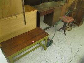 Piano bench, lawnmower and organ stool