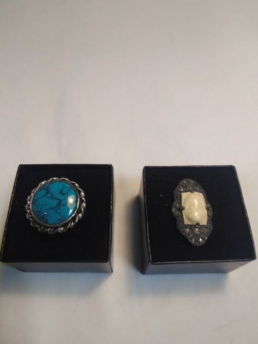 two antique Rings one turquoise and sterling silver, one porcelain and sterling silver      