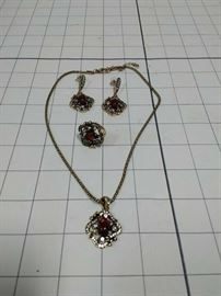 Red stone and crystal necklace, earrings, and expandalbe ring set https://ctbids.com/#!/description/share/86467