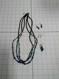 Beaded necklace and 3 pair of earings with pearled, teal, and royal blue beads https://ctbids.com/#!/description/share/86468