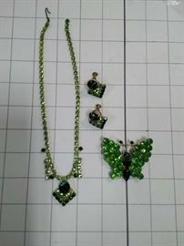 Vintage green rhinestone necklace and screw on earring set and green rhinestone butterfly brooch   https://ctbids.com/#!/description/share/86478