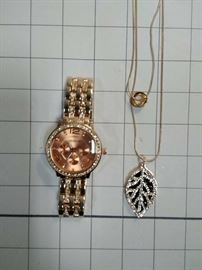 Rosegold Geneva rhinestone watch with rosegold 2-strand necklace        https://ctbids.com/#!/description/share/86485