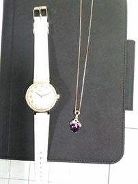 Pearl faced watch in rose gold with rhinestones and rose gold necklace with purple pendant         https://ctbids.com/#!/description/share/86497