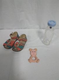 plakie teether, glass baby bottle, toddler shoes      https://ctbids.com/#!/description/share/86549