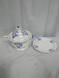 blue and white soup serving dish with ladle and plate   https://ctbids.com/#!/description/share/86552