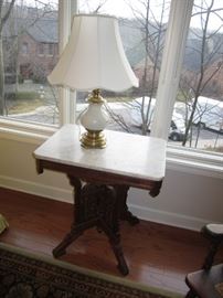 Lamp, Marble Topped Side Table with Carved Base