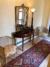 Antique hand knotted runner & pair of french 5 legged chairs