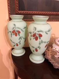 Early pair of Bristol glass vases pine cone purchased in Columbus GA