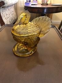 Amber glass covered Turkey dish
