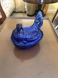 Cobalt glass hen 