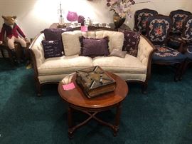 Matching white brocade settees, custom pillows