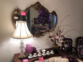 Antique ornate mirror, sofa table, antique lamp with crystals