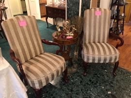2 Striped arm chairs, small table