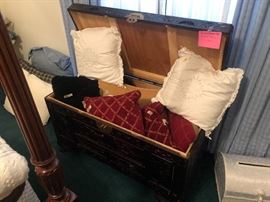 Nice painted carved trunk and pillows