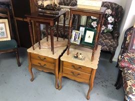2 vintage marble top French Provincial end tables