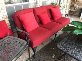 Wrought iron bench, coffee table and end table