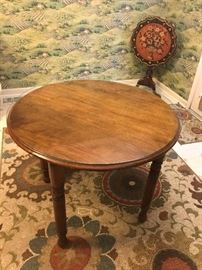 Antique 36" round walnut table with glass