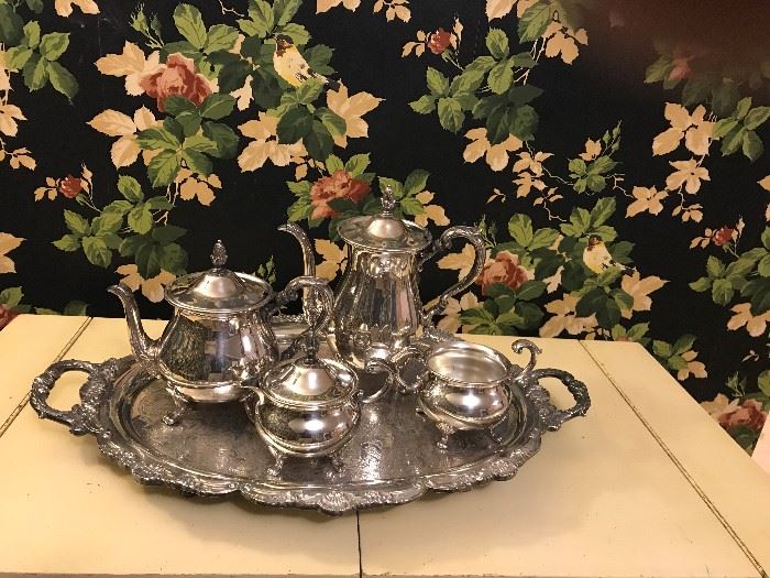  Vintage EPCA  Bristol silver by Poole #110 tea set: coffee pot, tea pot, sugar/lid, creamer, large tray (7322) 