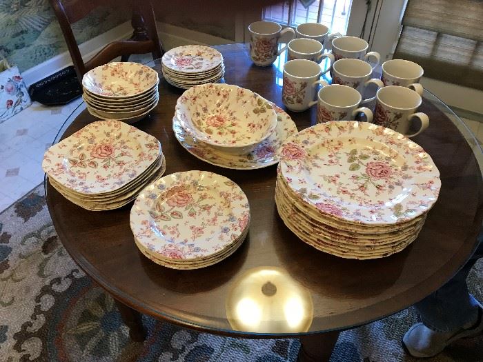 Johnson Brothers- Chintz Pink china: 11 dinner plates, 7 square salad plates, 5 round salad plates, coupe cereal bowls- 7, B/B- 9, 12 mugs, oval veg. bowl- , oval serving platter,  
