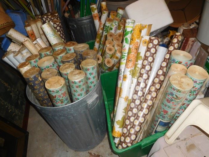 Many rolls of vintage wallpaper, many unopened