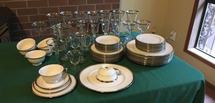 Vintage China and Crystal rimmed with Platinum  64 pieces