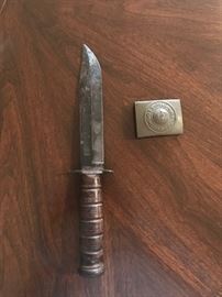 WWII USMC KABAR Fighting Knife Sheath~ 3 Inch Blade Knife                                                                                               GOTT MIT UNS Military WWI and II Vintage German Belt Buckle