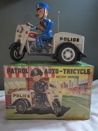 1950's Patrol Auto Tricycle IN ORIGINAL BOX, Headlight lights up with batteries