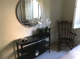 Pottery Barn Table, mirror, rocking chair, faux Orchid, carved duck, and pewter turtle