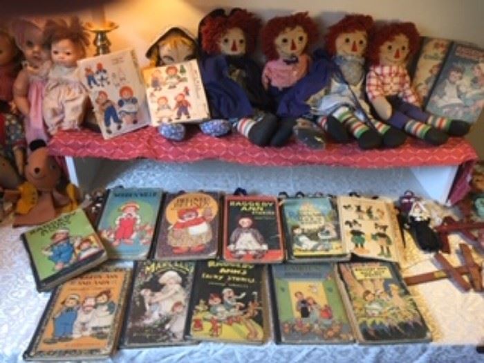 Antique Raggedy Ann and Raggedy Andy Dolls, First edition rare children books and sewing patterns  