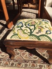 Hand-made embroidery  footstool and underneath Silk rug -small 3x5 