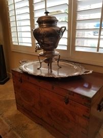 Nice silverplate coffee urn, and beautiful antique Asian chest-shrine/tonsu type with wonderful brass inlay and detail!