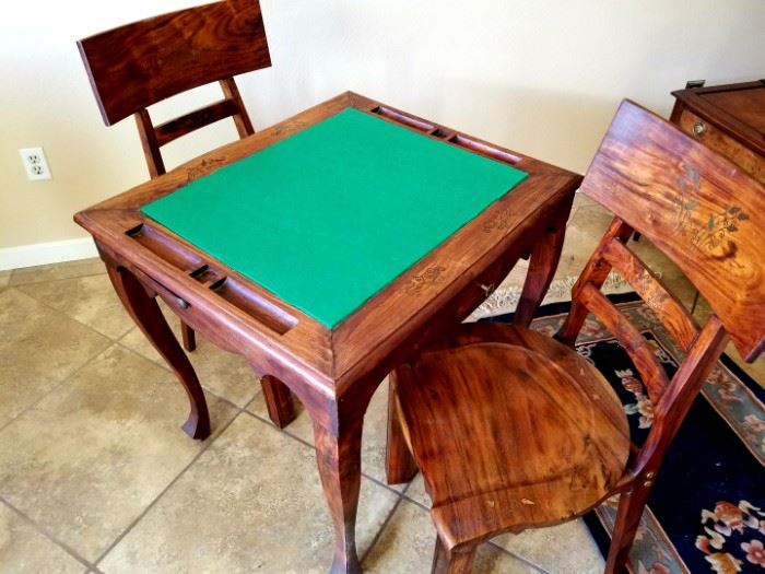 Mahaogany game table and two matching chairs-inlaid in brass!!