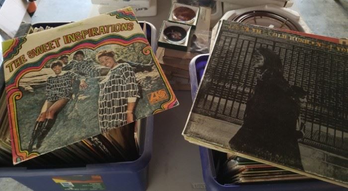 two bins of vintage LPs