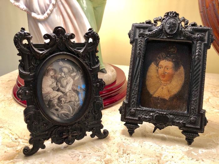 Two gutta percha frames, 19th c. but the Elizabethan miniature on the right may date to the late 16th early 17th c. 
